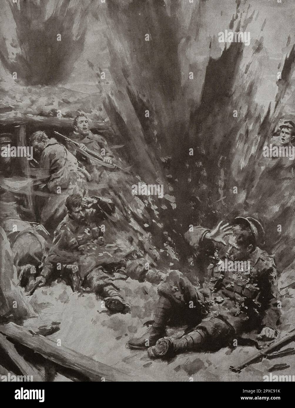 Erster Weltkrieg Die Schlacht von Flandern. Zeichnung von A.C. Michael, basierend auf einer Skizze von Frederic Villiers, explodierte die Granate im Schlamm, ohne jemanden zu verletzen. Stockfoto