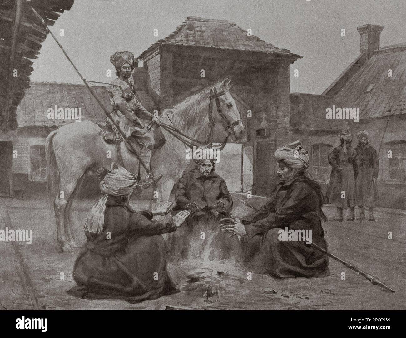 Erster Weltkrieg Indische Lanzer auf einer Farm in Nordfrankreich. 1914 Stockfoto