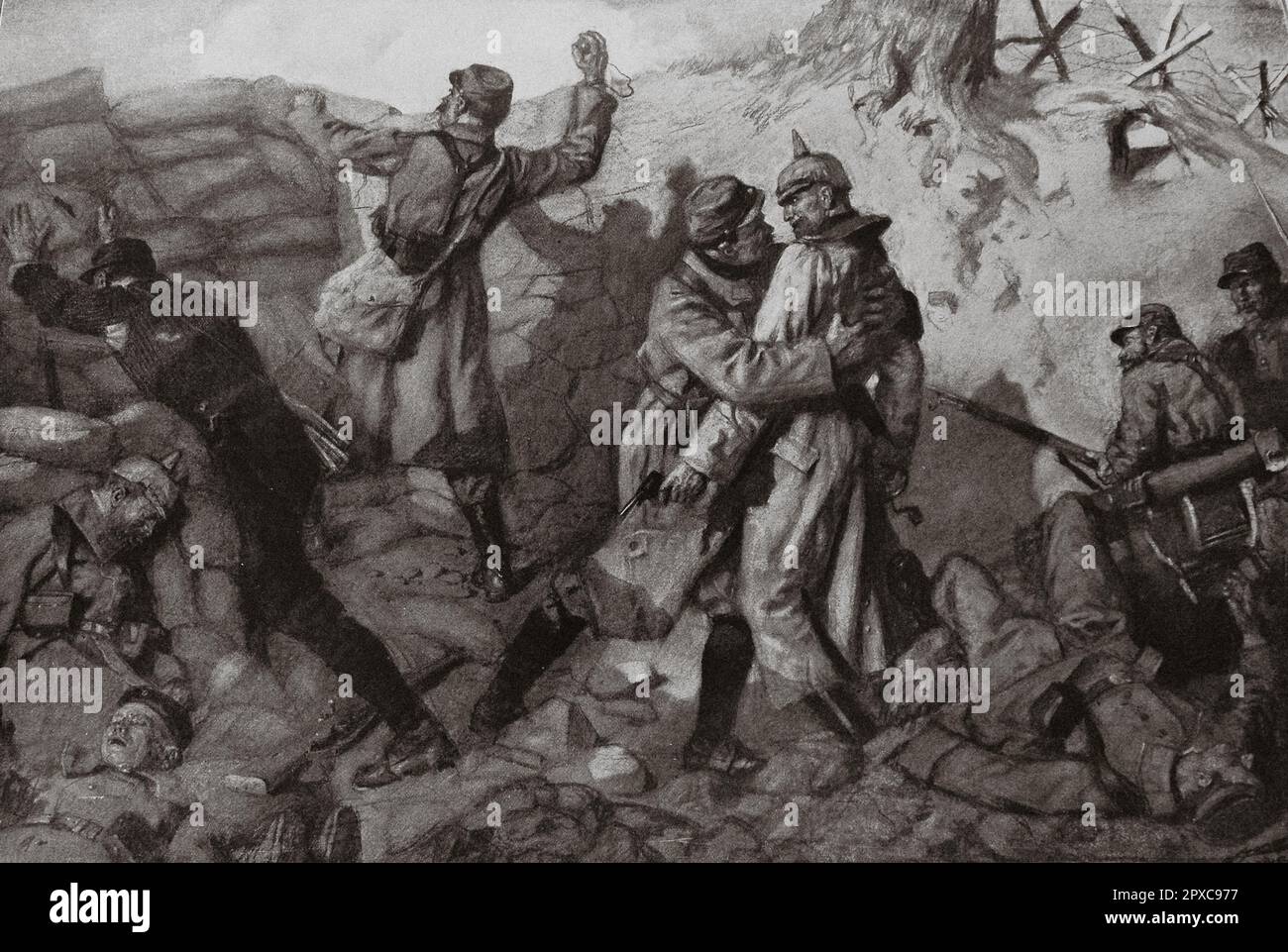Erster Weltkrieg Die Eroberung des Lorette-Massivs. Ein Körper zu Körper in einer Festung. Von Lucien Jonas Hand-an-Hand-Kampf zwischen deutschen und französischen Soldaten Stockfoto