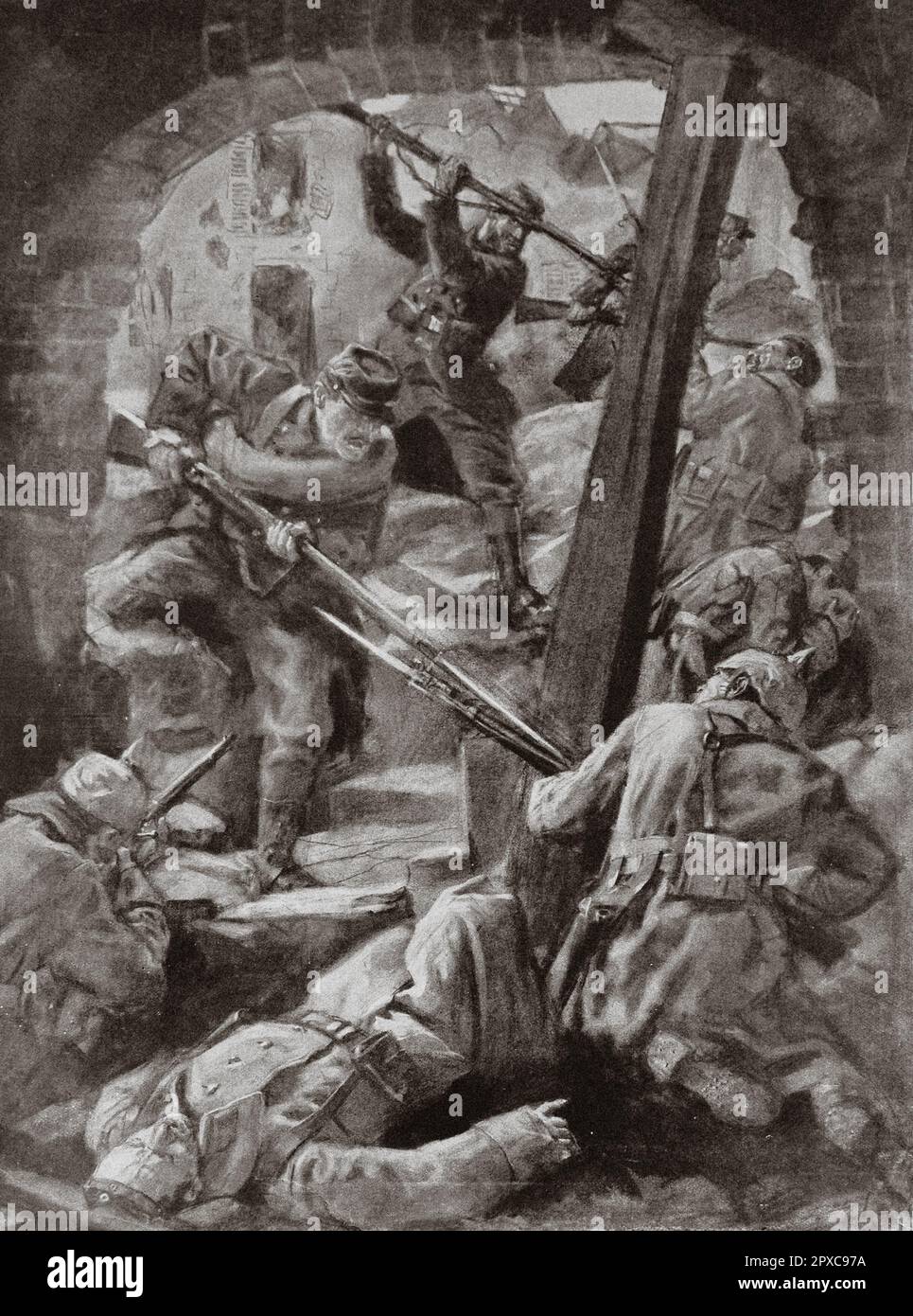 Erster Weltkrieg Frankreich im Krieg. Haus für Haus. Von L. Jonas. Es ist Straße für Straße, Haus für Haus, dass die Dörfer La Targette, Carency, Ablain-Saint-Nazaire, Neuville, Notre-Dame-de-Lorette, Souchez musste entfernt werden. In den Höhen der Höhen, die das Tal von Douai bis Lens bedeckten, bildeten die Deutschen so viele unterschiedliche Festungen, wo jede Wohnung eine Bastion bildete, die mit den Nachbarhäusern durch unterirdische Passagen von Keller zu Keller verbunden war. Die französische Offensive vom Mai 9 zielte auf die Befreiung der nördlichen Städte ab. Foch, der die Operation leitete, hatte ein Manöver zusammengestellt Stockfoto