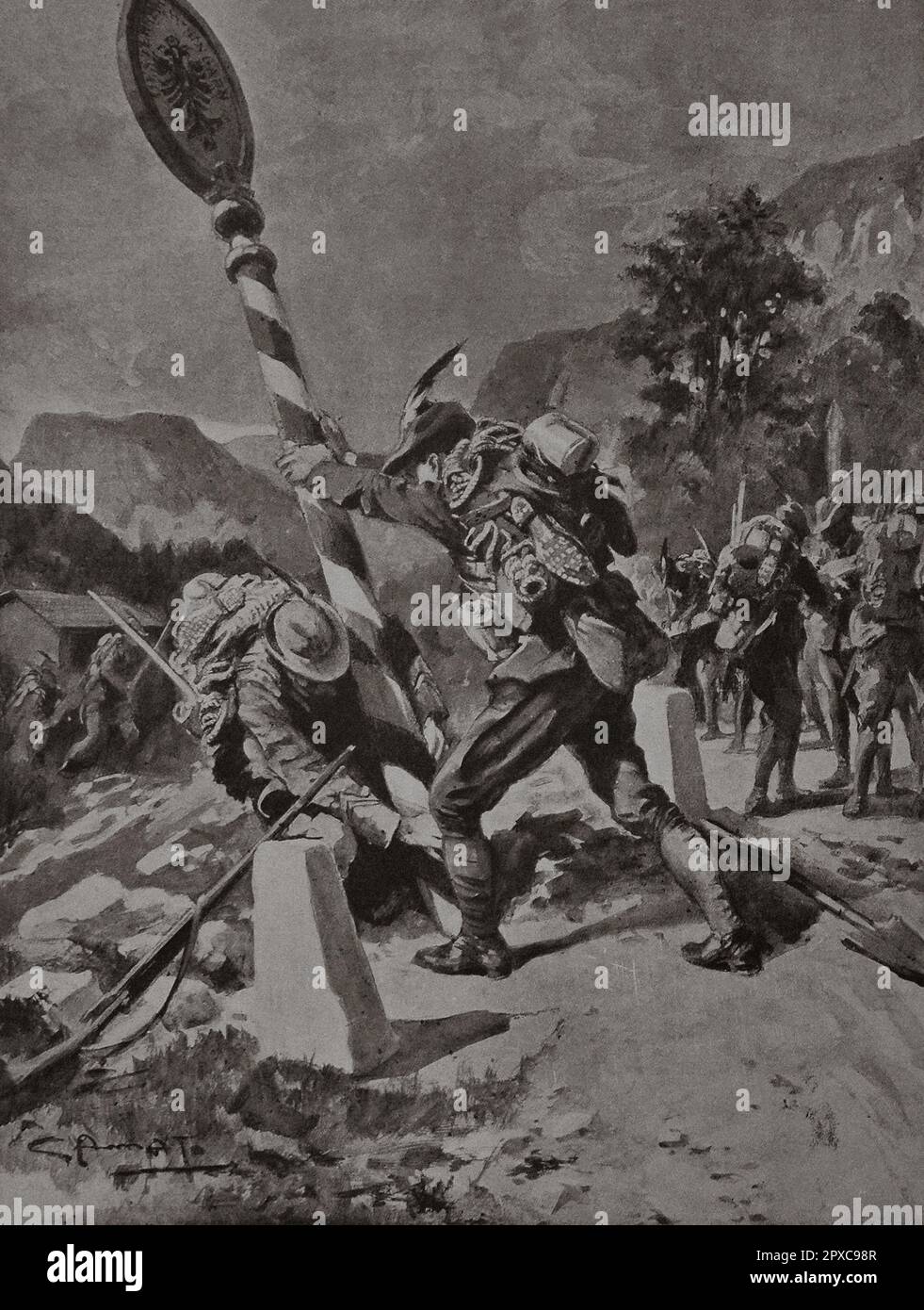 Illustrationen aus dem Ersten Weltkrieg. Die italienische "Alpini" stürzte den Grenzposten auf einer Straße in Trentino. Von G. D'Amato. Mai 1915 Stockfoto