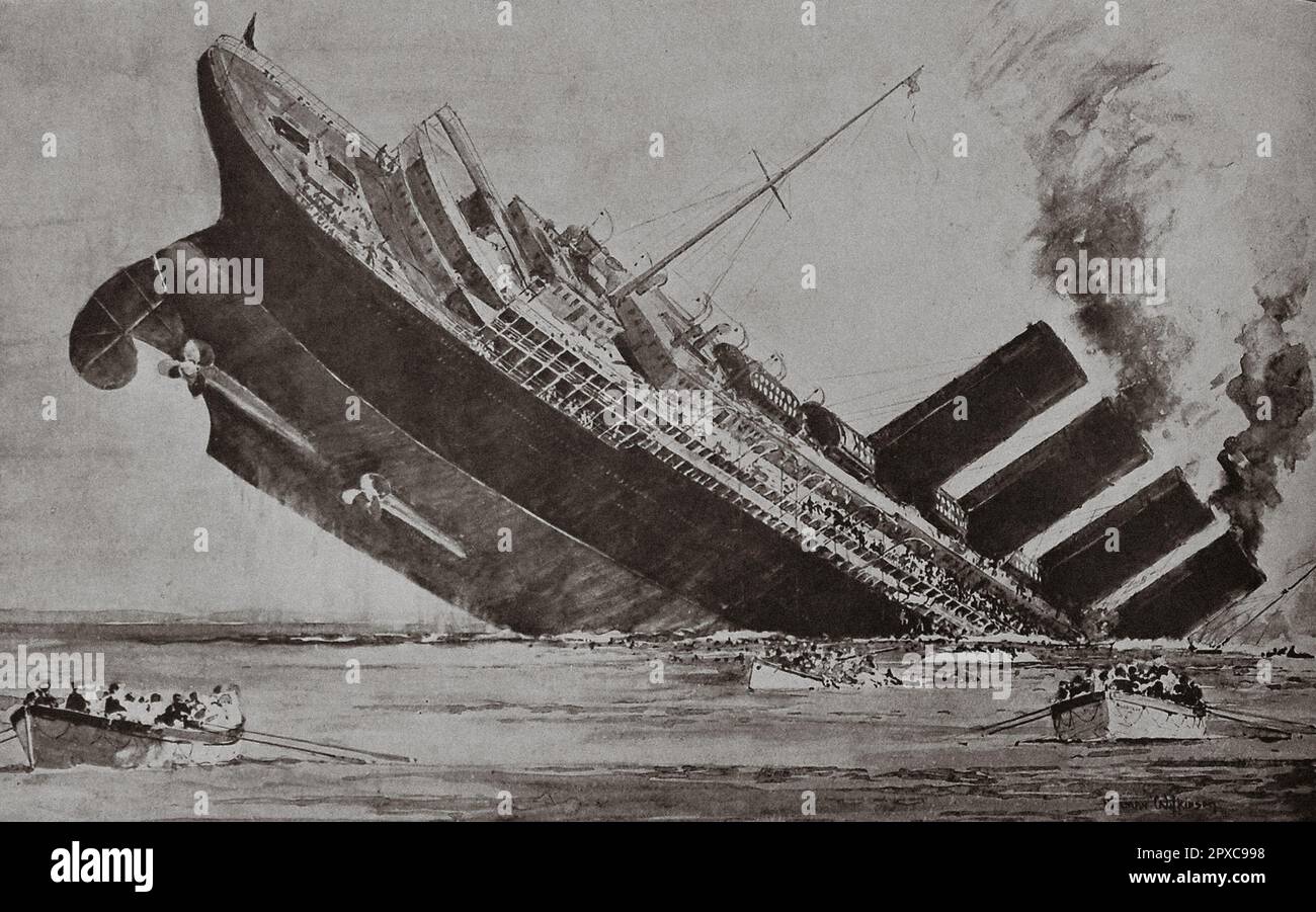 Untergang der RMS Lusitania. Mai 1915. Zeichnung von Norman Wilkinson. Der RMS Lusitania war ein im Vereinigten Königreich registriertes Schiff, das während des Ersten Weltkriegs am 7. Mai 1915 von einem kaiserlichen deutschen Marine-U-Boot torpediert wurde, etwa 11 Seemeilen (20 km) vor dem Alten Kopf von Kinsale, Irland. Der Anschlag fand in der erklärten Seekriegszone um das Vereinigte Königreich statt, kurz nachdem Deutschland nach der Umsetzung einer Marineblockade gegen das Vereinigte Königreich und die anderen Zentralmächte eine uneingeschränkte U-Boot-Kriegsführung gegen die Schiffe des Vereinigten Königreichs angekündigt hatte. Die Passagiere h Stockfoto