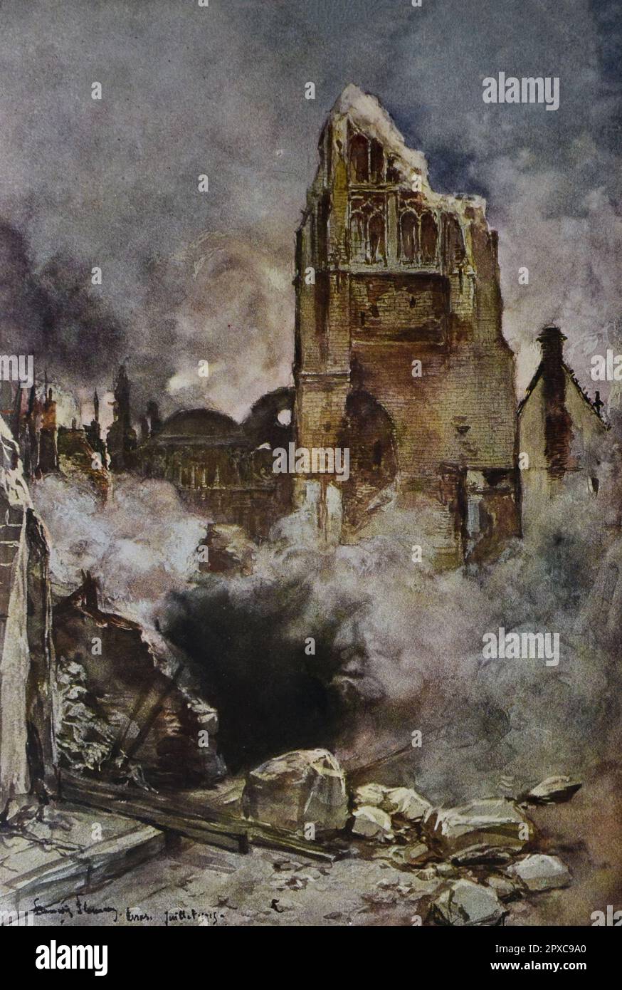 Der erste Weltkrieg. Arras. Bombenanschlag auf den Belfry. Kriegszeichnung von Francois Flameng Stockfoto