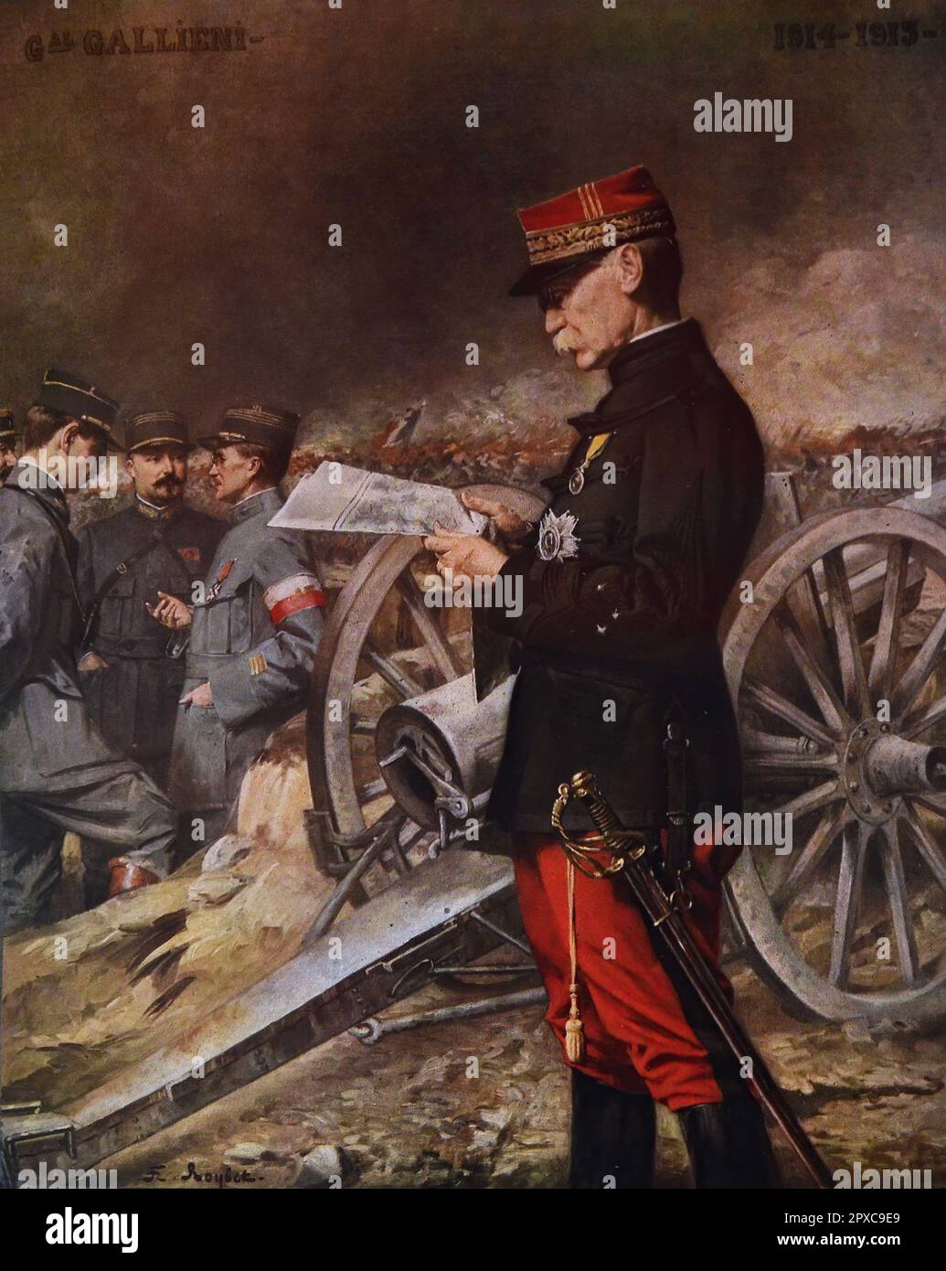 General Gallieni. Von F. Roybet Joseph Simon Gallieni (1849–1916) war französischer Soldat und war während seiner Karriere als Militärkommandant und -Verwalter in den französischen Kolonien größtenteils aktiv. Er wurde nach dem Ausbruch des Ersten Weltkriegs aus dem Ruhestand zurückgerufen. Als Militärgouverneur von Paris spielte er eine wichtige Rolle in der ersten Schlacht an der Marne, als Maunourys sechste Armee, die unter seinem Kommando stand, die deutsche Westflanke Angriff. Ein kleiner Teil seiner Stärke wurde in beschlagnahmten Pariser Taxis an die Front gedrängt. Stockfoto