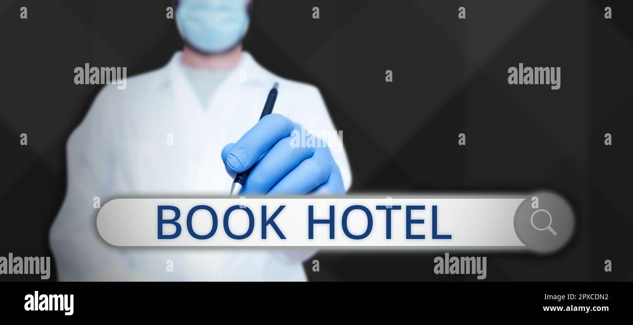 Text mit Inspiration Buchen Sie Hotel, Geschäftsübersicht eine Vereinbarung, die Sie für ein Hotelzimmer oder eine Unterkunft treffen Stockfoto