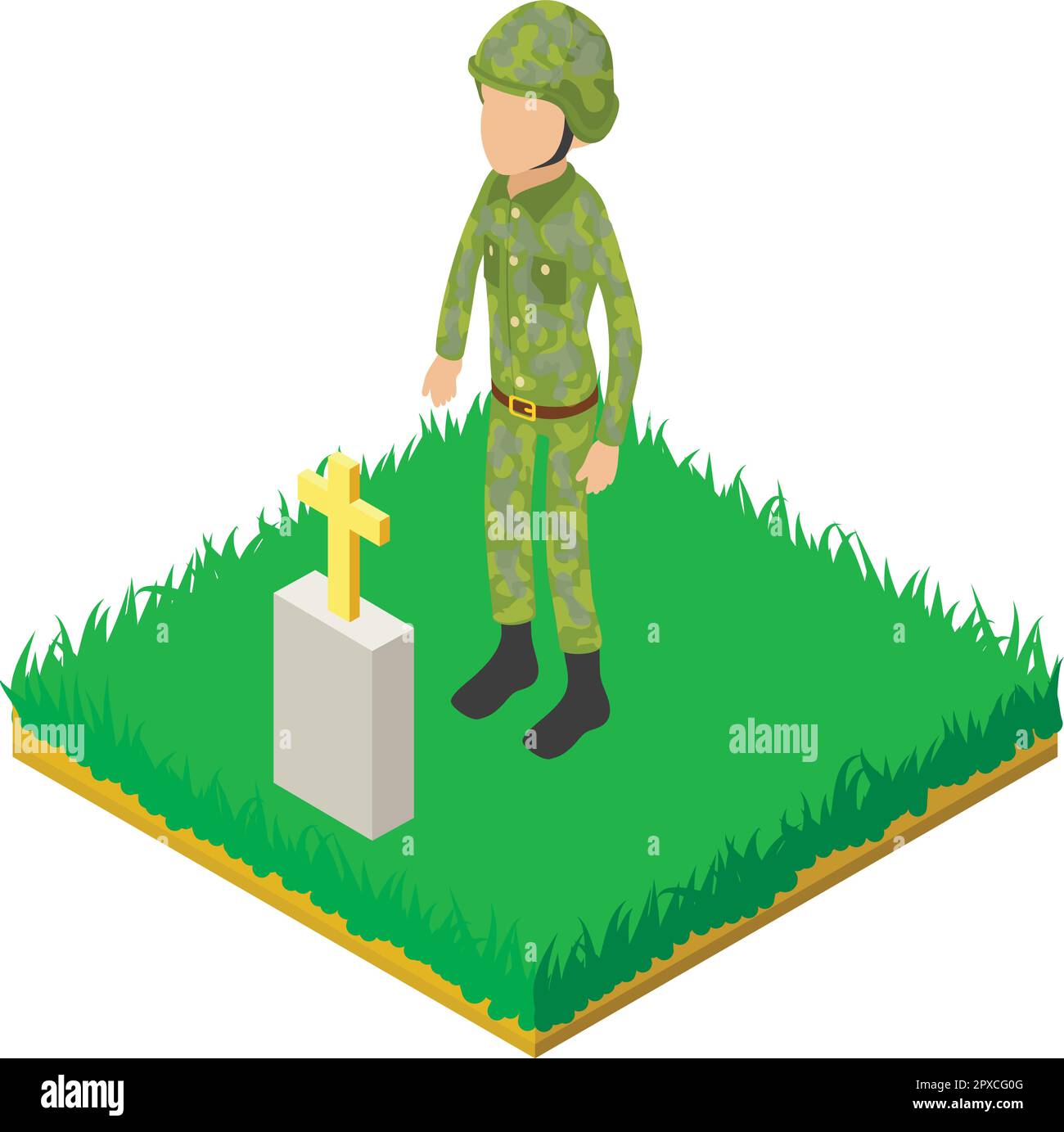 Isometrischer Vektor des Soldatensymbols. Männlicher Soldat steht neben dem Grab des Freundes. Militärfriedhof, Gedenktag Stock Vektor