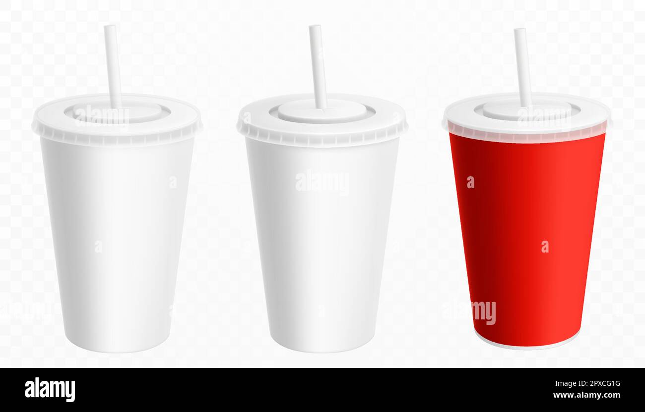 Plastikbecher für Soda-Getränke oder Pappbecher mit Trinkhalm, Vector Realistic 3D weiße Einwegpackung. Limonade, Saft oder Eistee, alkoholfreie Fastfood-Getränke Stock Vektor