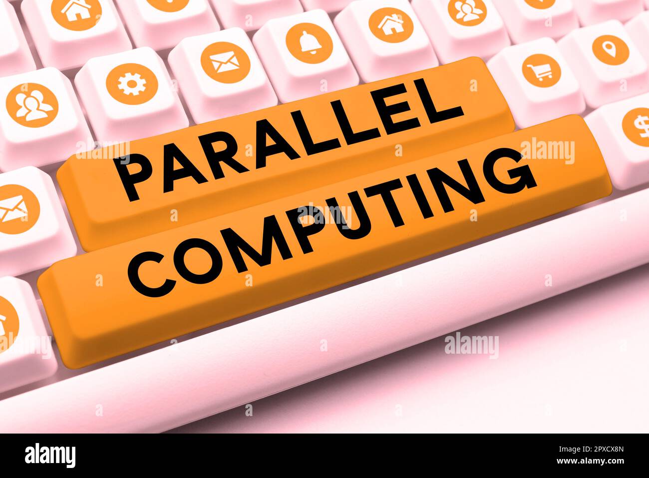 Schilder mit paralleler Datenverarbeitung, Unternehmen zeigen simultane Berechnungen mithilfe von Software und Hardware Stockfoto