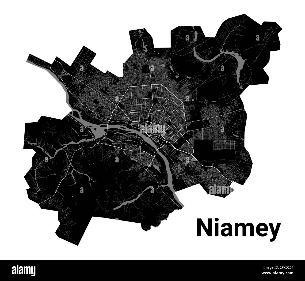Stadtplan von Niamey, Hauptstadt von Niger. Kommunale Verwaltungsgrenzen, Schwarzweißkarte mit Flüssen und Straßen, Parks und Eisenbahnen. Vektorbeleuchtung Stock Vektor