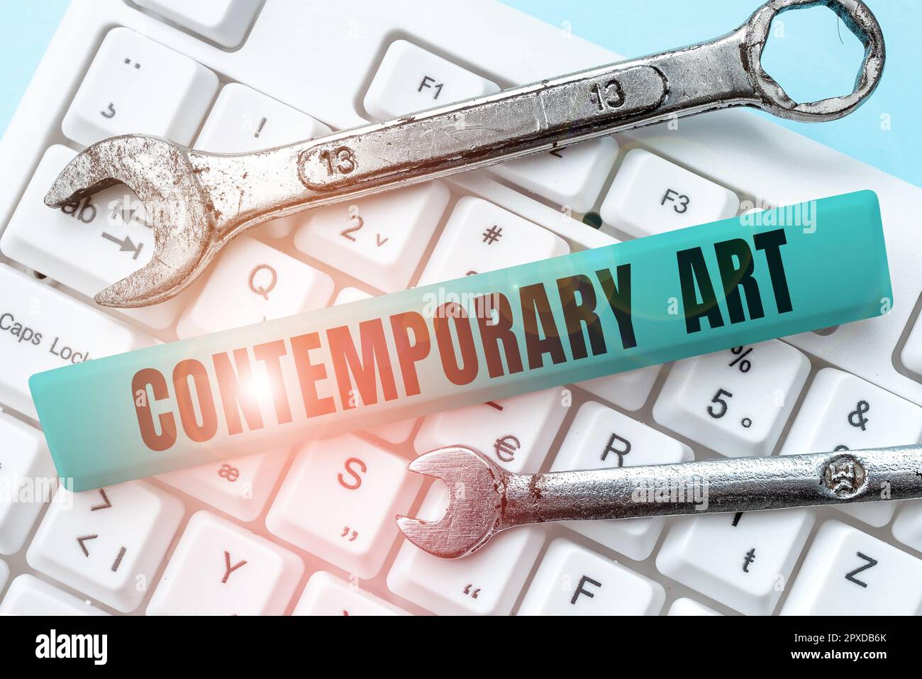 Konzeptüberschrift zeitgenössische Kunst, Word für Made today by living artists einflußt von der fortschreitenden Welt Stockfoto