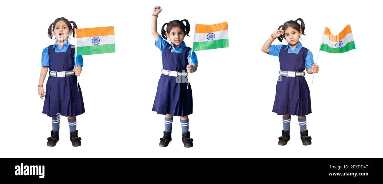 Eine Collage eines süßen kleinen Mädchens, das Schuluniform trägt und die indische Flagge in der Hand hält, mit verschiedenen Gesten und Gesichtsausdrücken isoliert Stockfoto