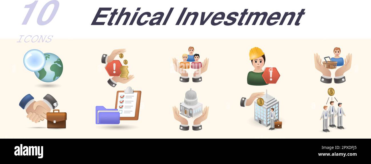 Ethische Investitionen festgelegt. Kreative Symbole: Transparenz, Korruption, Menschenrechte, kinderarbeit, Kunden- und Produkthaftung, Compliance, Wildschweine Stock Vektor