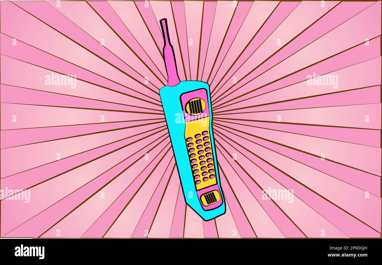 Retro-altes Hipster-Handy aus den 70s, 80s, 90s, 2000s vor dem Hintergrund abstrakter Rosa Strahlen. Vektordarstellung. Stock Vektor