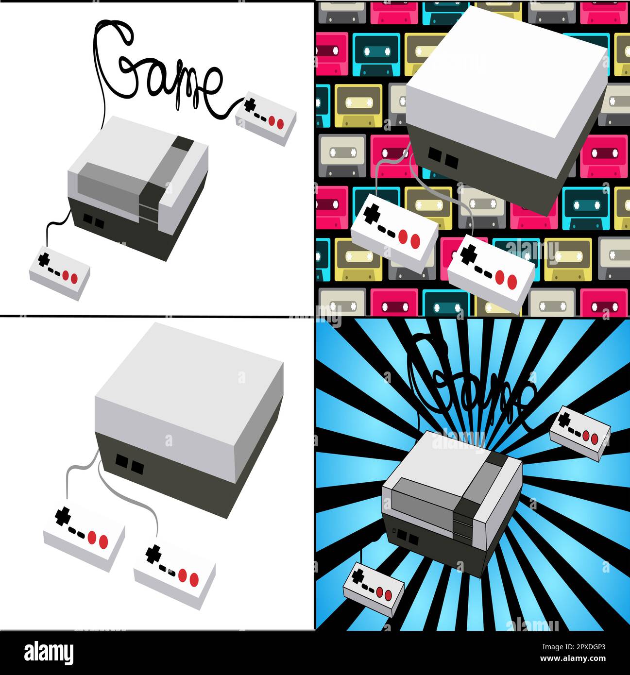 Ein Satz alter, antiker Retro-Hipster-Spielkonsolen für Videospiele aus den 80er und 90er Jahren mit verschiedenen Hintergründen. Vektordarstellung. Stock Vektor