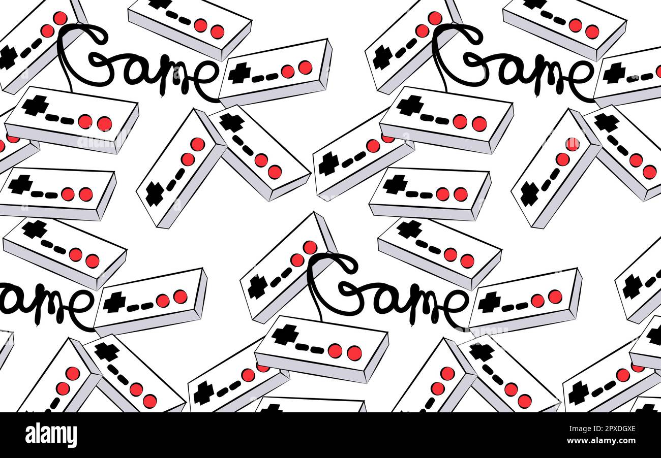 Ein Muster alter weißer Retro-Hipster-Joysticks für Videospielkonsolen und ein Inskriptionsspiel aus den 80er und 90er Jahren auf weißem Hintergrund Stock Vektor