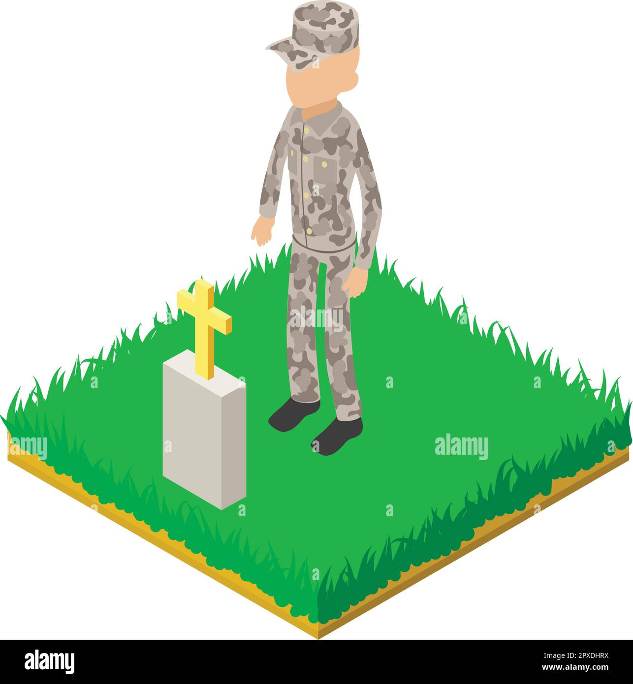 Isometrischer Vektor des Symbols eines amerikanischen Soldaten. Der Soldat steht neben der GrabIkone des Freundes. Militärfriedhof, Gedenktag Stock Vektor