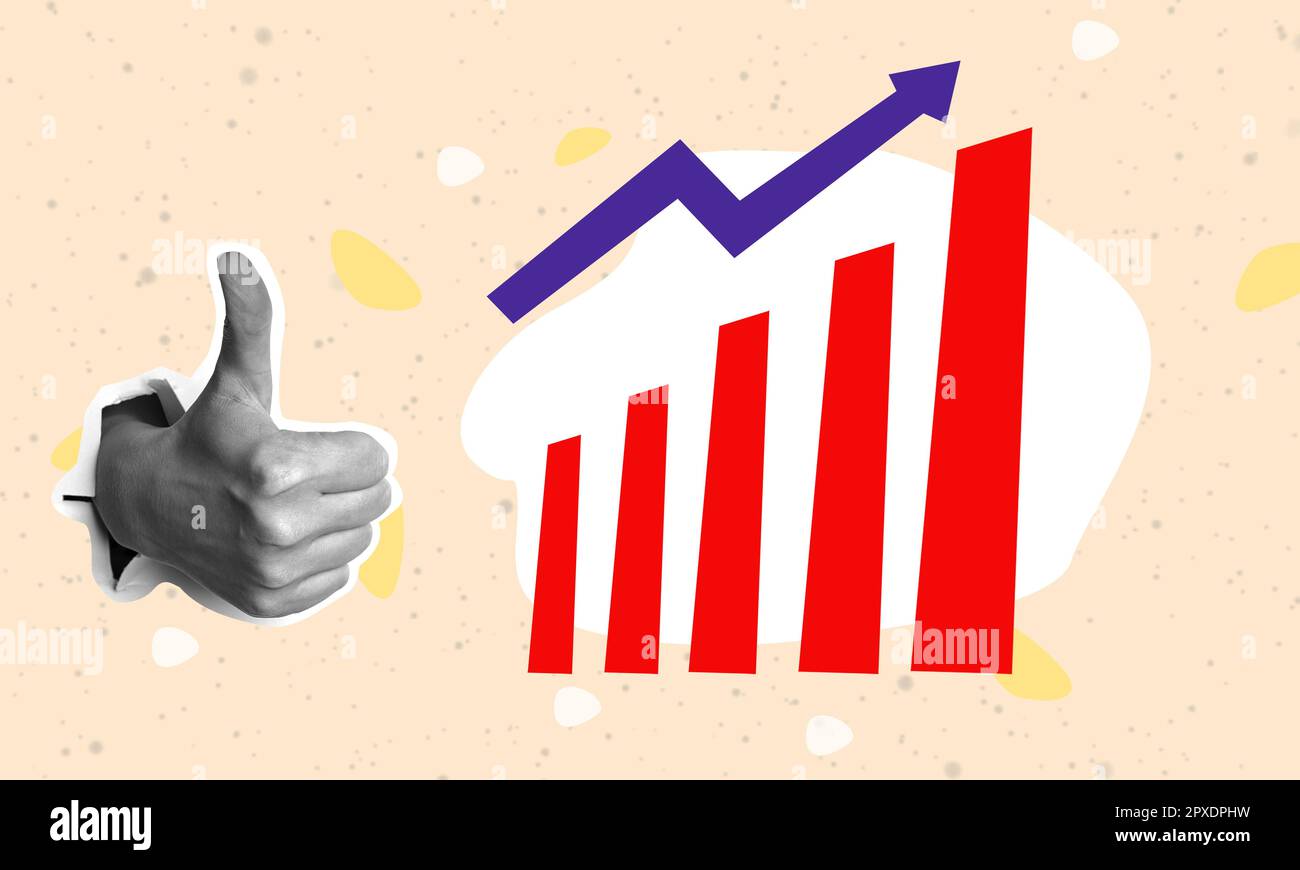 Erfolgreicher Karrierestart. Profitable Investitionen, Geschäftskonzept, Daumen hoch. Kunstcollage. Stockfoto
