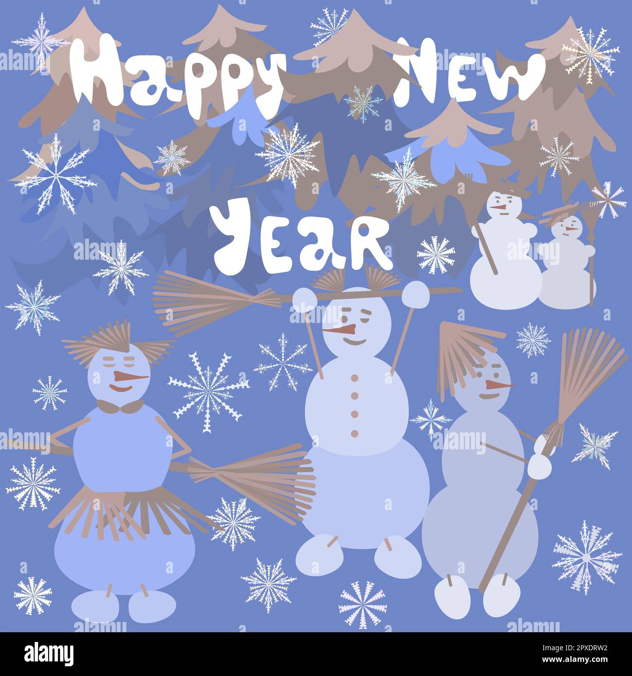 Neujahrskarte mit lustigen Schneemännern und Besen Stockfoto