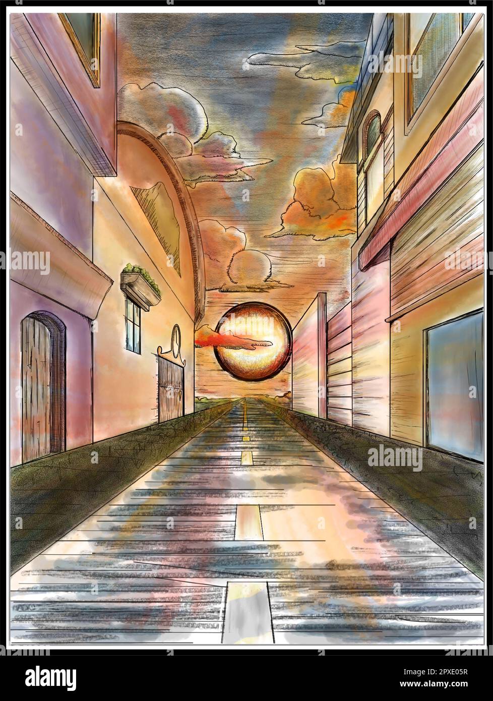 Ein Porträt einer Stadt oder einer Straße mit Blick auf den Sonnenuntergang aus einer Perspektive. Zeichnen, skizzieren, Aquarell malen und mit Form nachzeichnen Stockfoto