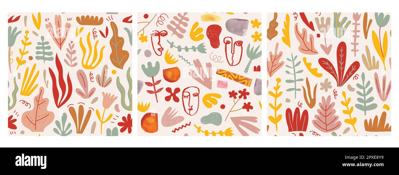 Vektorgruppe nahtloser Muster. Handgezeichnete Pflanzen, Blumen und kubistische Gesichter. Stock Vektor