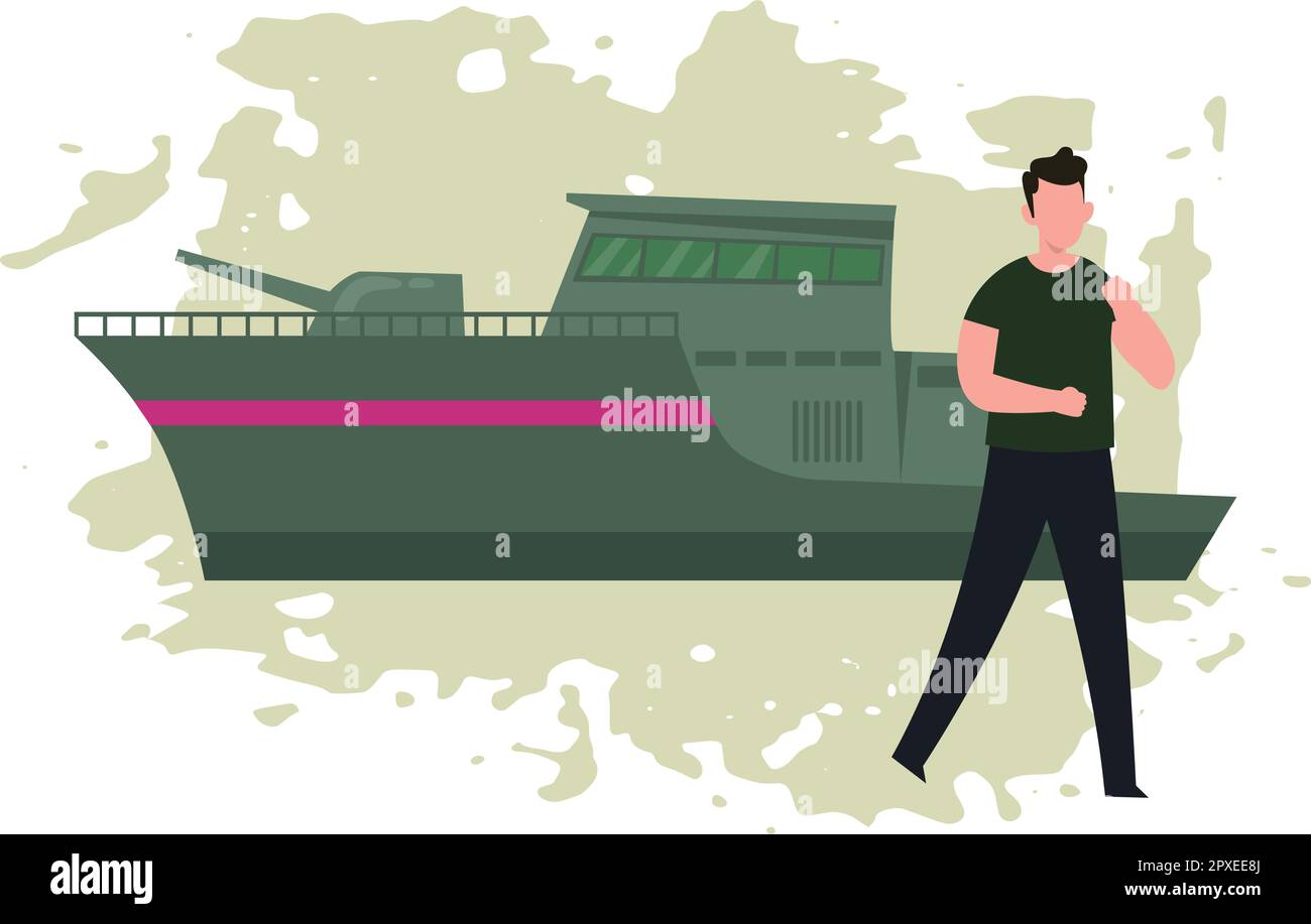 Der Junge steht am Schiff. Stock Vektor