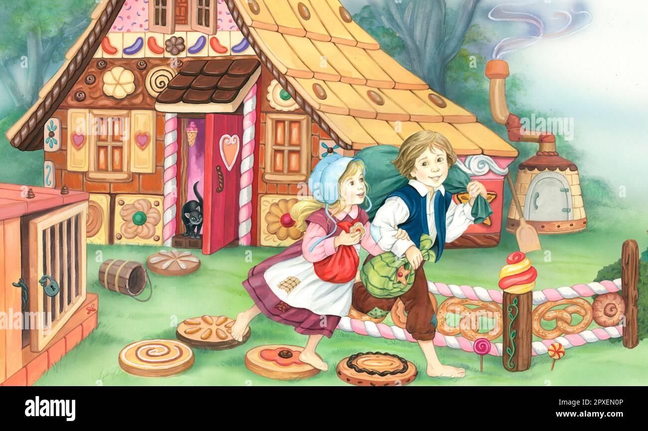 Kindergeschichten – Hänsel und Gretel, die vor dem Gingerbread House davonlaufen Stockfoto