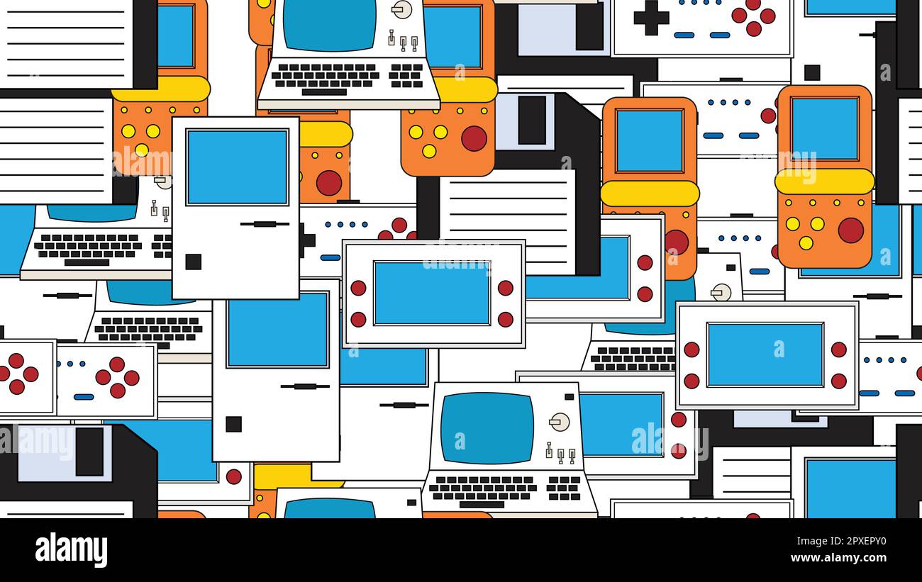 Nahtloses Muster endlos mit Elektronik und Technologie Computerspielkonsolen alter Retro-Hipster aus den Jahren 70s, 80s, 90s isoliert auf weißem Backgro Stock Vektor