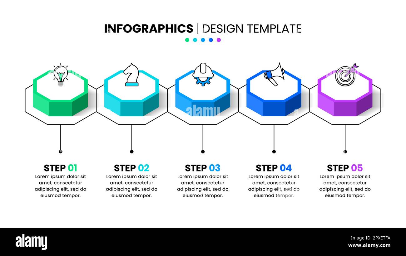 Infografik-Vorlage mit Symbolen und 5 Optionen oder Schritten. Isometrische Achtecke. Kann für Workflow-Layout, Diagramm, Banner, webdesign verwendet werden. Vektorbeleuchtung Stock Vektor