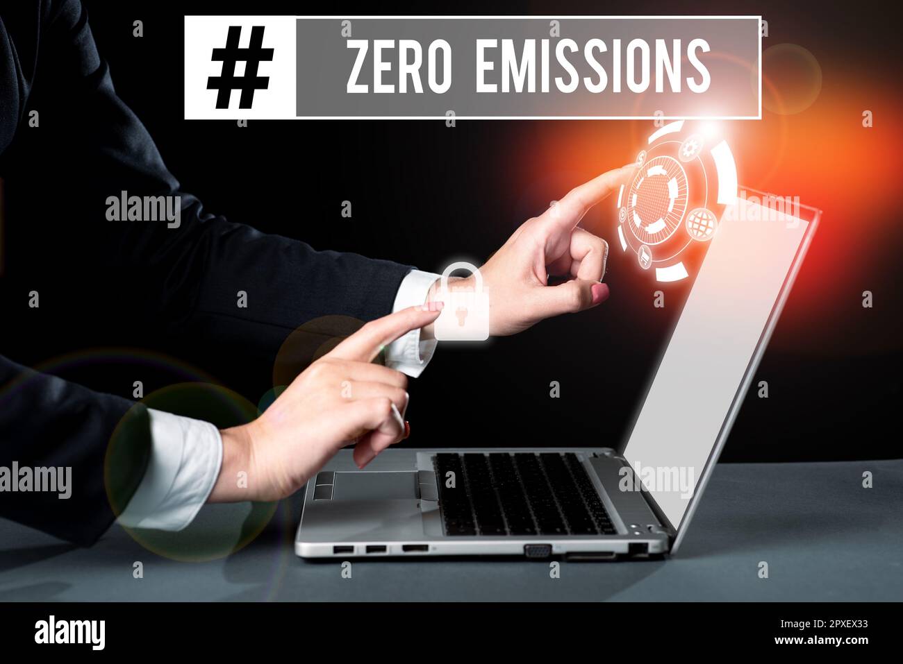 Konzeptionelle Darstellung Null Emissionen, Word für emittiert keine umweltschädlichen Abfallprodukte Stockfoto