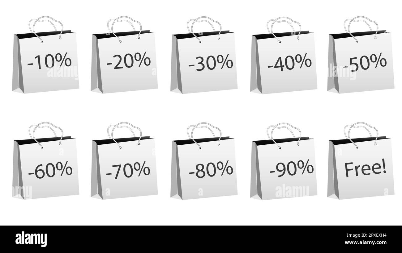 Ein Set mit zehn realistischen, grauen Bulk-Papiertüten zum Einkaufen mit Seilgriffen und Rabatten von 10, 20, 30, 40, 50, 60, 70, 80, 90 % und kostenlos auf einem Whitepaper Stock Vektor