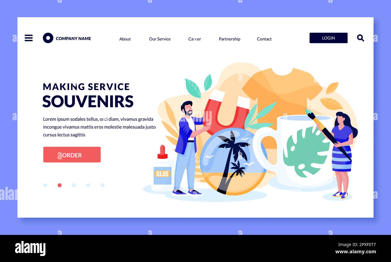 Souvenirservice oder Print Shop-Konzept. Mann und Frau gestalten Magnet, Tasse und T-Shirt. Vektorgrafik. Benutzerdefiniertes Branding Stock Vektor