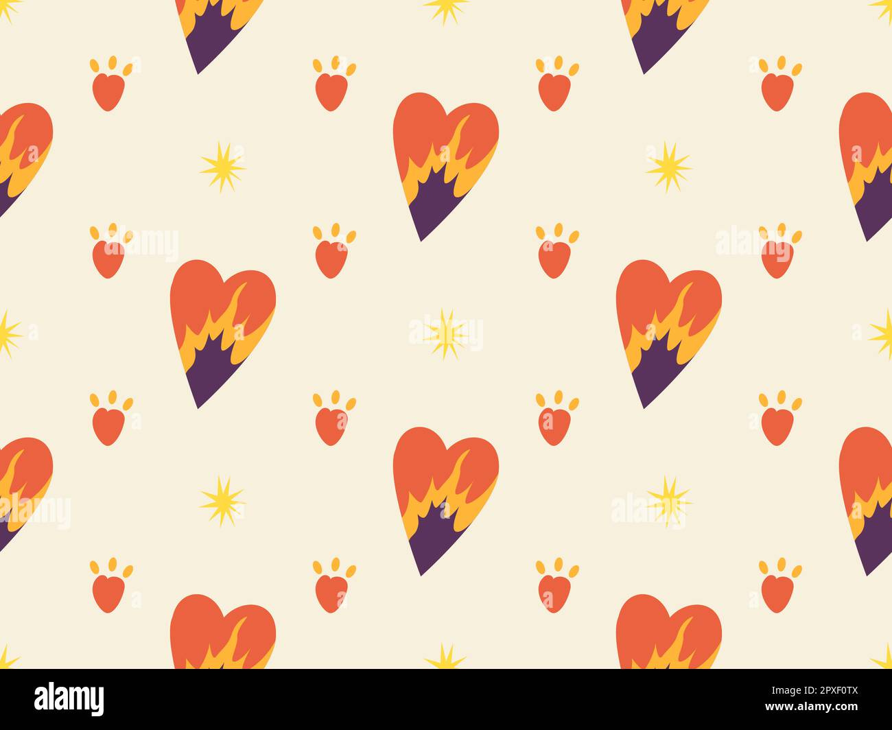 Nahtloses Retro-Muster mit Herz. Groovy-Elemente. 70s Hippie-Tapete, psychedelisch. Flippiges Cartoon-Design. Hippie-Vintage-Style. Stock Vektor