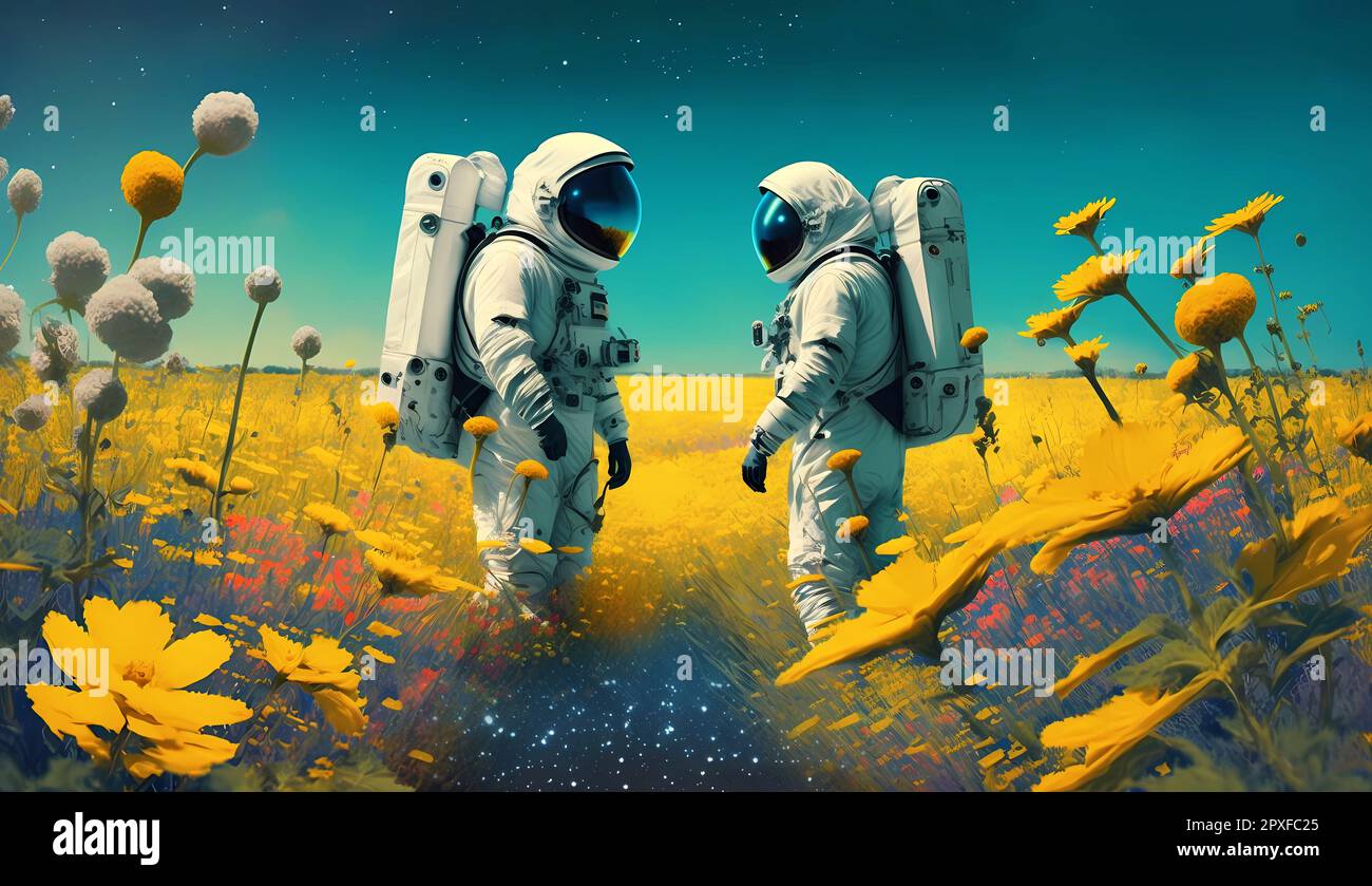 Zwei Astronauten auf dem Planeten auf einem Feld mit Blumen und