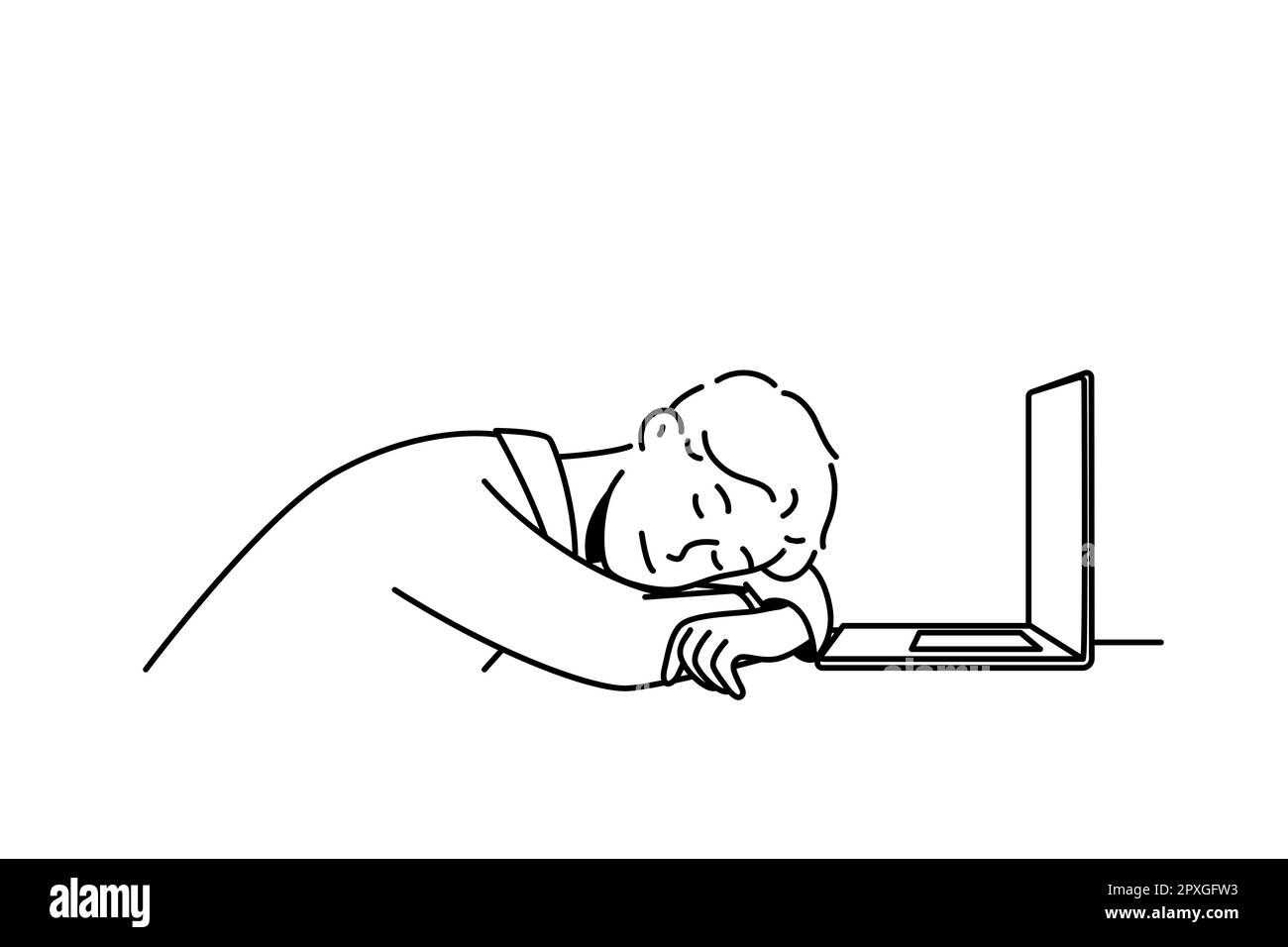 Erschöpfter junger Mann schläft auf dem Schreibtisch in der Nähe des Computers ein. Müder männlicher Angestellter schläft am Tisch im Büro. Arbeiten Burnout und Müdigkeit. Vektorgrafik. Stockfoto