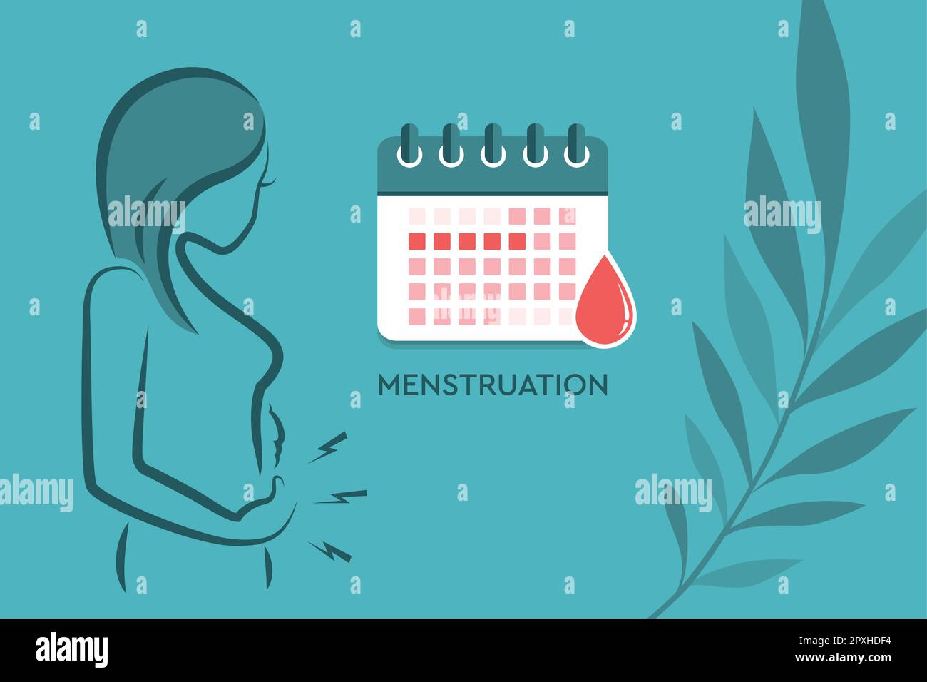 Mädchen mit Menstruationsschmerzen weiblichen Körper Menstruationshygiene Kalender Stock Vektor