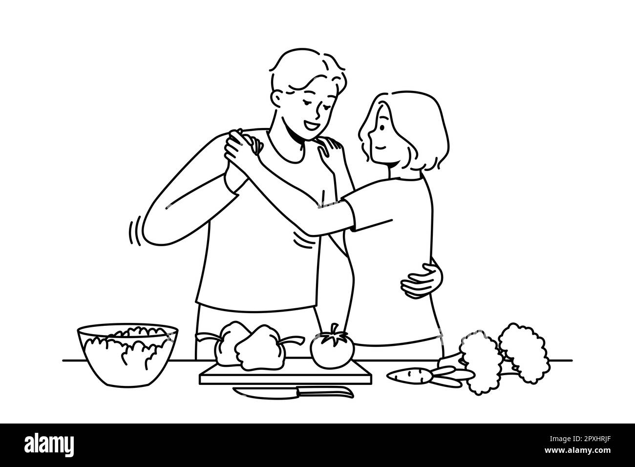 Glückliches Paar, das in der Küche zusammen tanzt. Lächelnde Männer und Frauen genießen die Zubereitung von Speisen am Wochenende. Vektorgrafik. Stockfoto