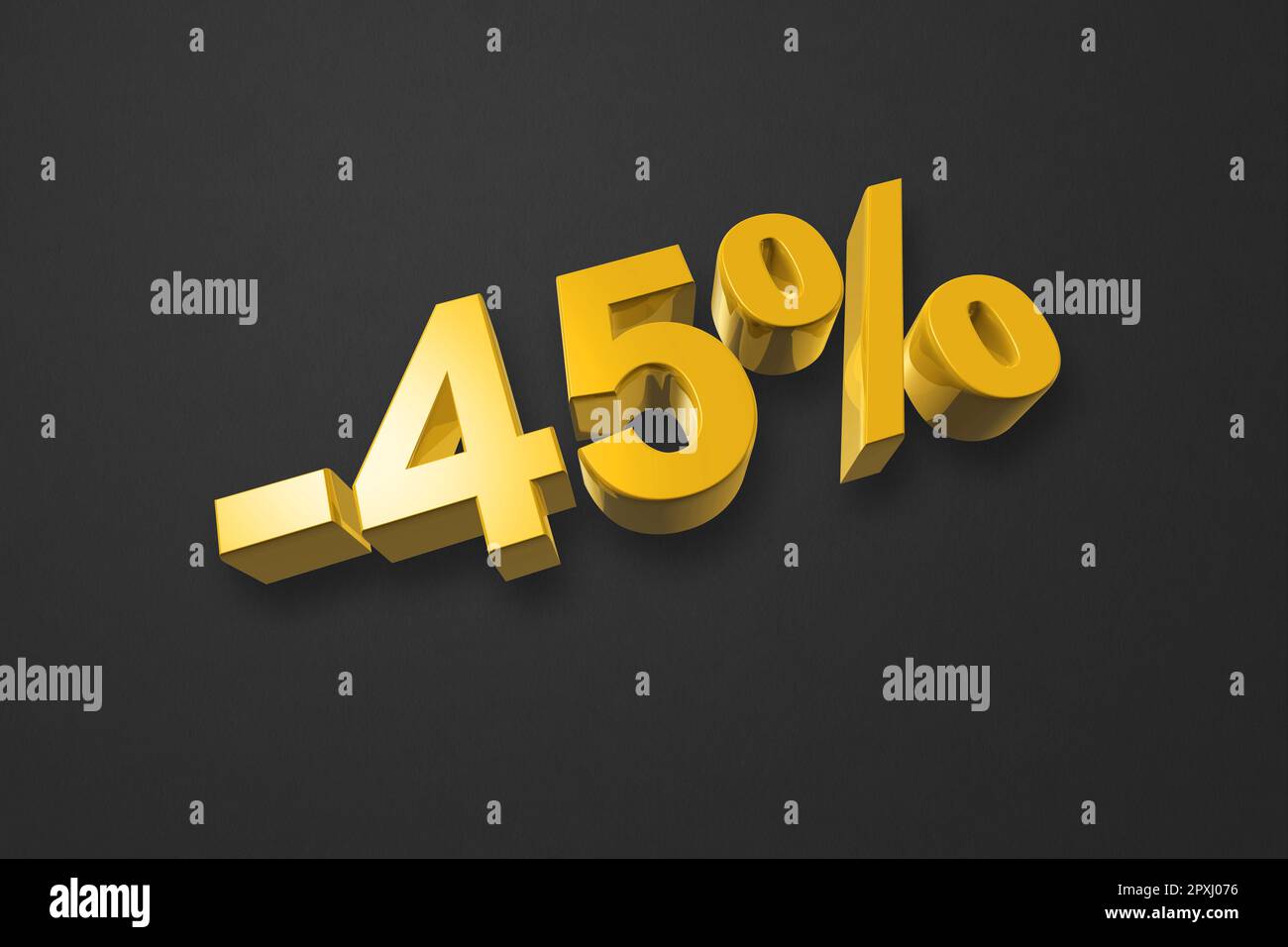 45 % Rabatt. Angebotsangebot. 3D-Abbildung isoliert auf Schwarz. Aktionspreis. Goldnummer Stockfoto