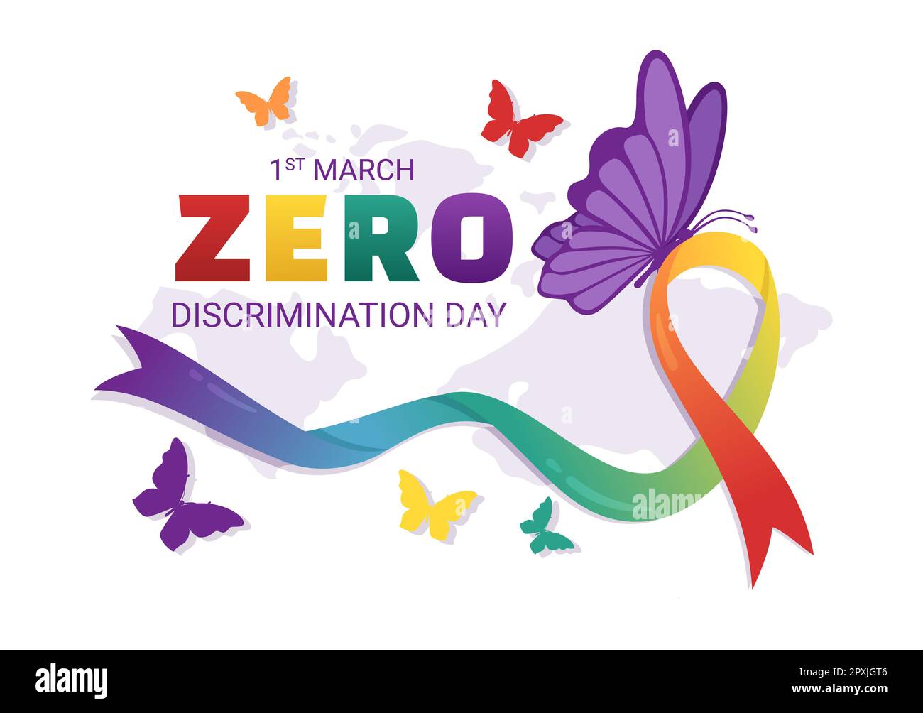 Zero Discrimination Day Illustration mit verschiedenen Personen und Farben für die Landing Page in der handgezogenen Flugvorlage für Schmetterlinge in Cartoon Stockfoto