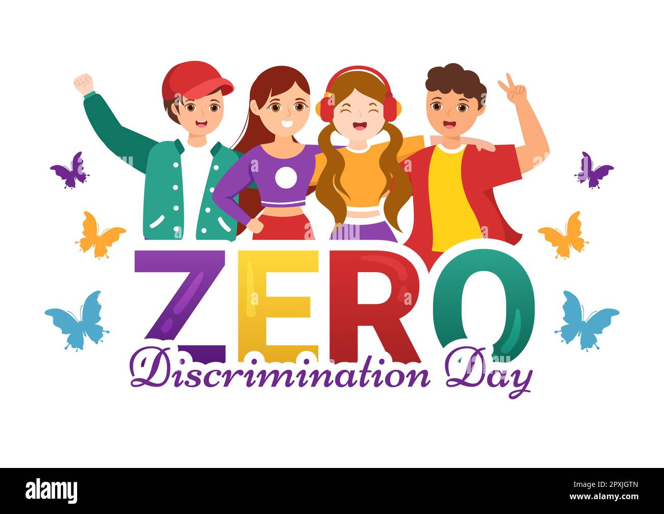 Zero Discrimination Day Illustration mit verschiedenen Personen und Farben für die Landing Page in der handgezogenen Flugvorlage für Schmetterlinge in Cartoon Stockfoto