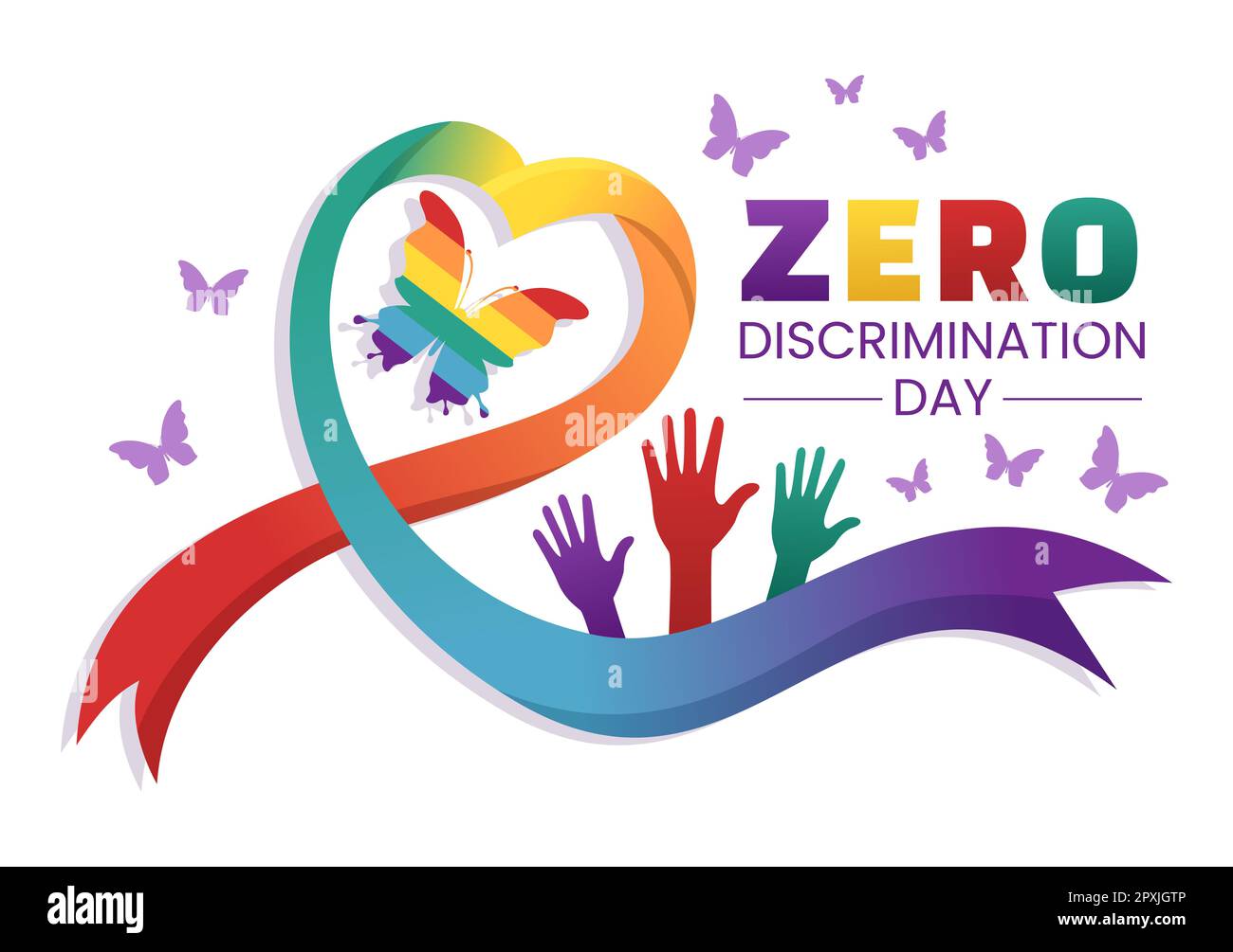 Zero Discrimination Day Illustration mit verschiedenen Personen und Farben für die Landing Page in der handgezogenen Flugvorlage für Schmetterlinge in Cartoon Stockfoto