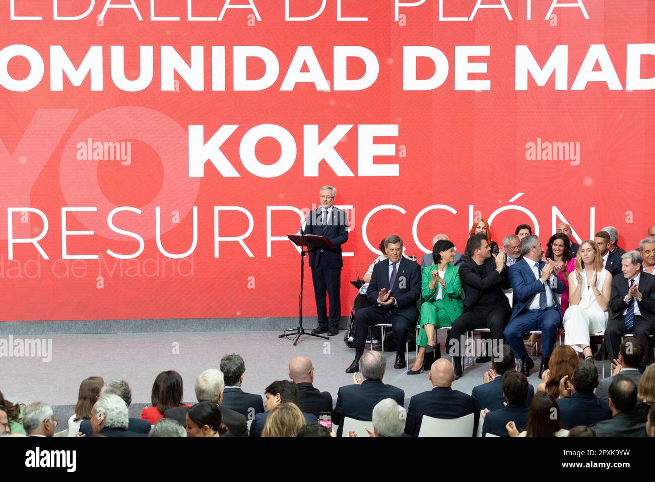 Gemeinde Madrid. Madrid feiert den 2. Mai, den Tag der französischen Befreiung. Real Casa de Correos, Gebäude der Gemeinschaft Madrid Stockfoto