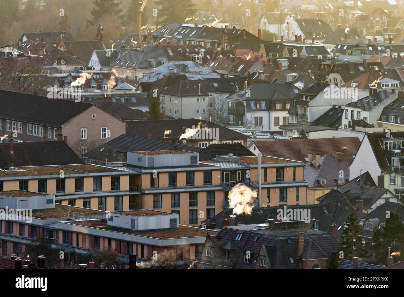 Winterliche Dachlandschaft von freiburg mit Rauchschornsteinen Stockfoto