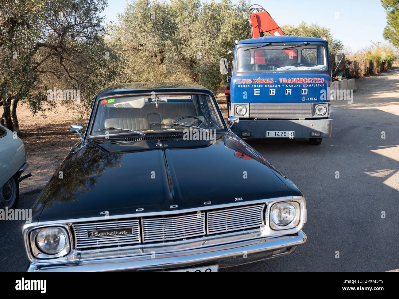 Detail eines hübschen, dunklen Dodge Barreiros, der vor einem klassischen Ebro D350 Lkw mit Hydraulikarm geparkt ist Stockfoto