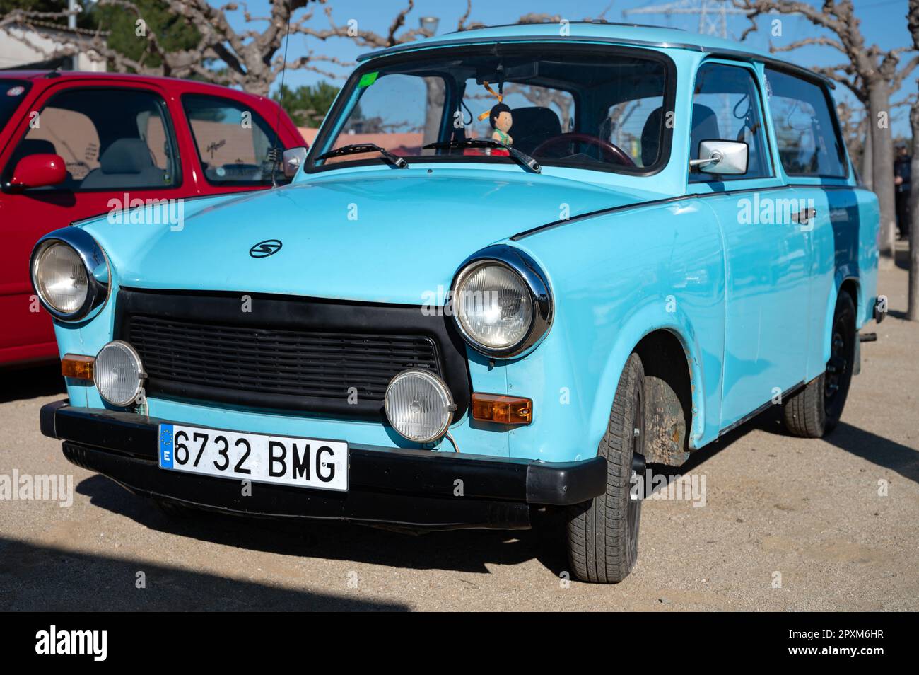 Detail eines Oldtimers aus Osteuropa, der Trabant 601 in Blau Stockfoto