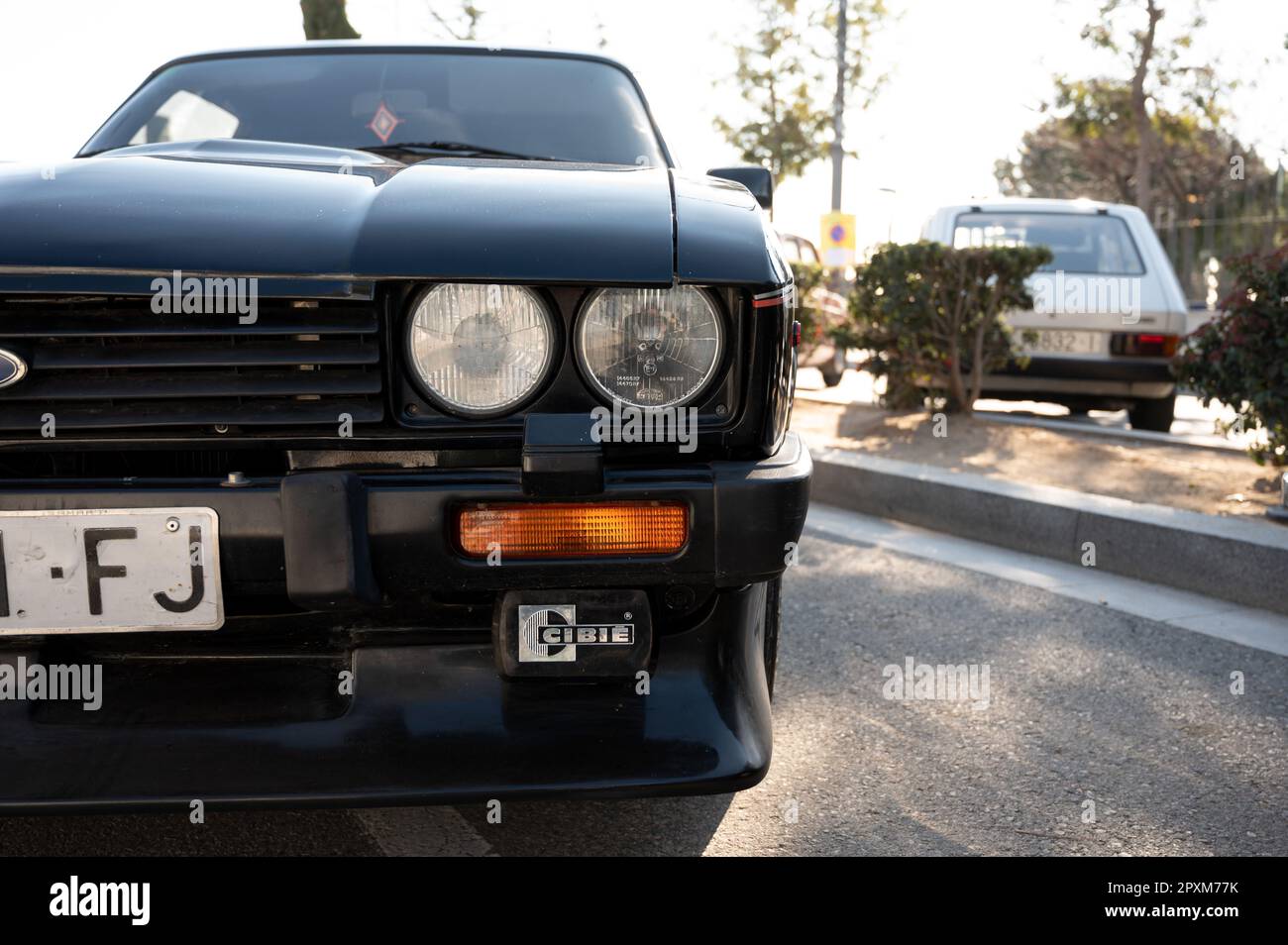 Detail eines schwarzen Ford Capri Oldtimer Stockfoto
