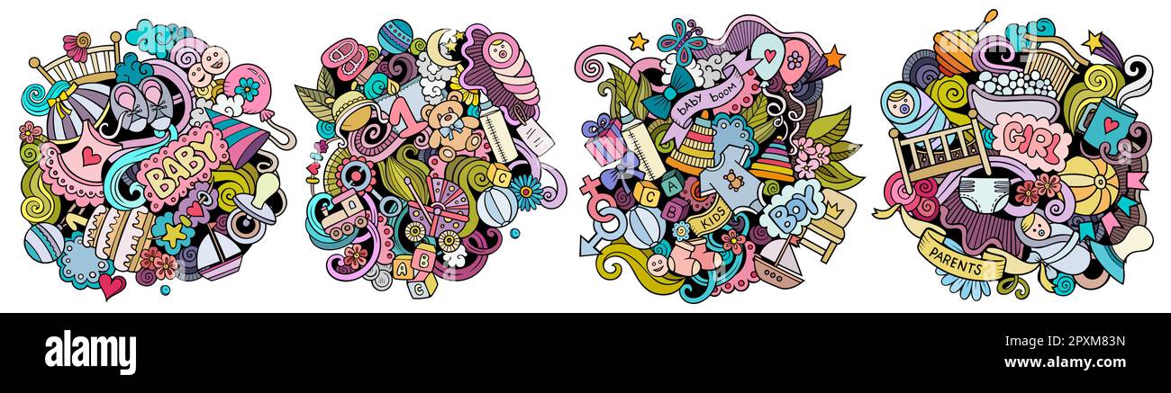 Baby Cartoon Vektor Doodle Designs Set. Farbenfrohe, detailreiche Kompositionen mit vielen Objekten und Symbolen für Kinder. Isoliert auf weißen Abbildungen Stock Vektor