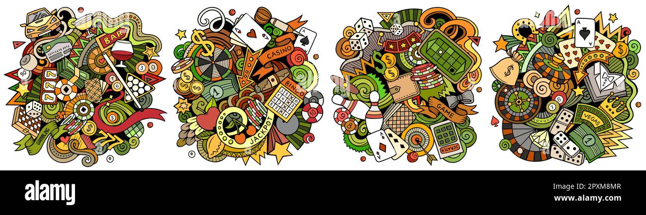 Casino Cartoon-Vektor-Doodle-Design-Set. Farbenfrohe, detaillierte Kompositionen mit vielen Spielobjekten und Symbolen. Isoliert auf weißen Illustrationen Stock Vektor