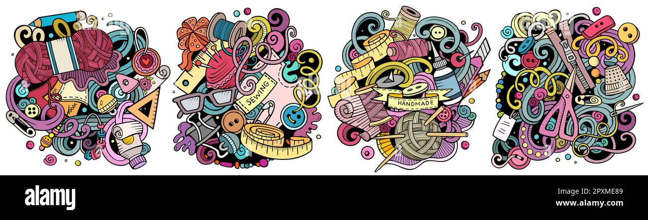 Handgemachte Cartoon Vektor Doodle Designs Set. Farbenfrohe, detailreiche Kompositionen mit vielen Bastelobjekten und Symbolen. Isoliert auf weißen Abbildungen Stock Vektor