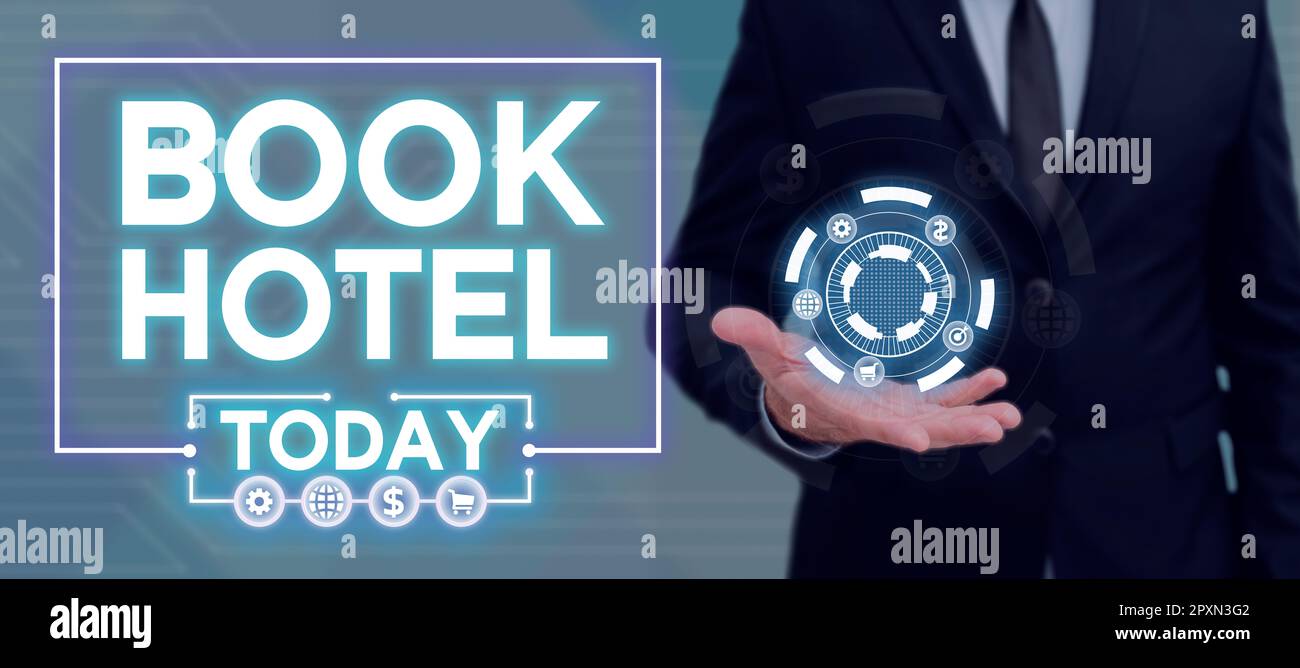Schild mit der Aufschrift „Book Hotel“, konzeptionelles Foto ein Arrangement, das Sie für ein Hotelzimmer oder eine Unterkunft treffen Stockfoto