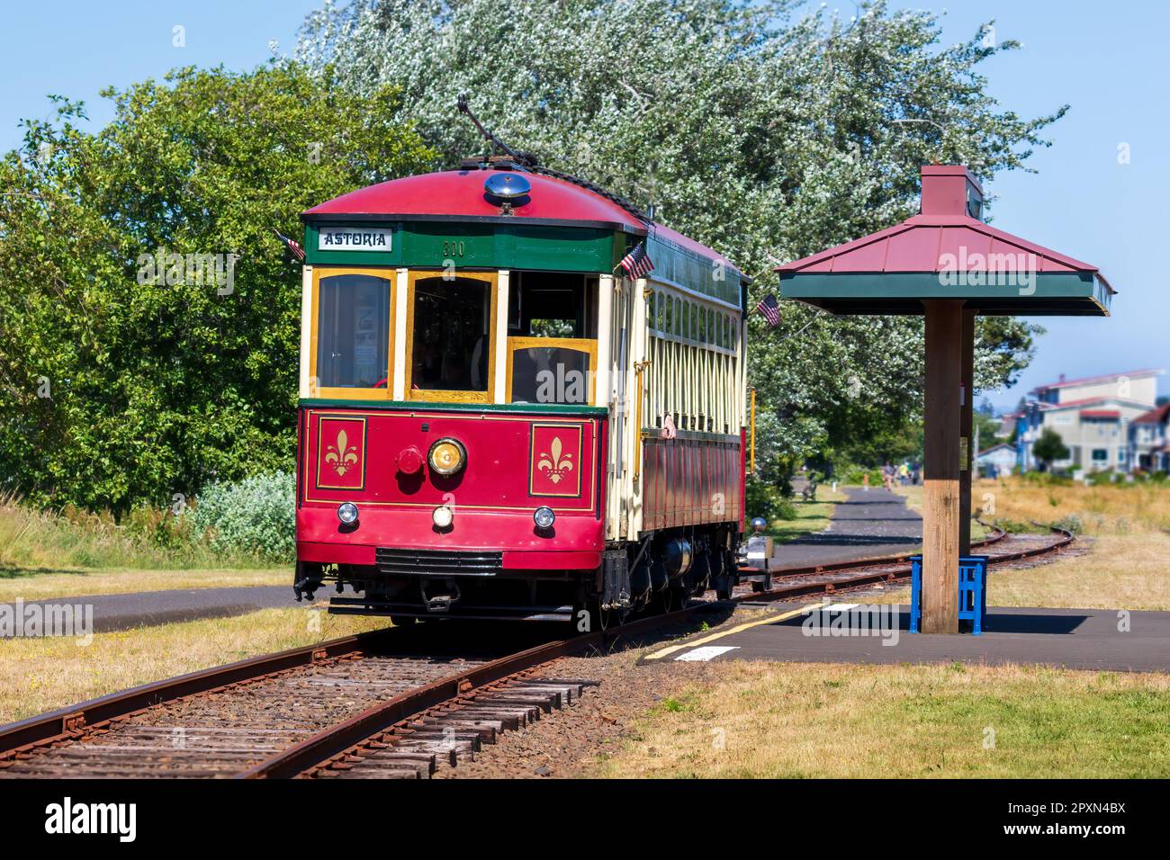 Der Astoria Riverfront Trolley ist eine 3 km lange Straßenbahnlinie, die in Astoria, Oregon, verkehrt. Stockfoto